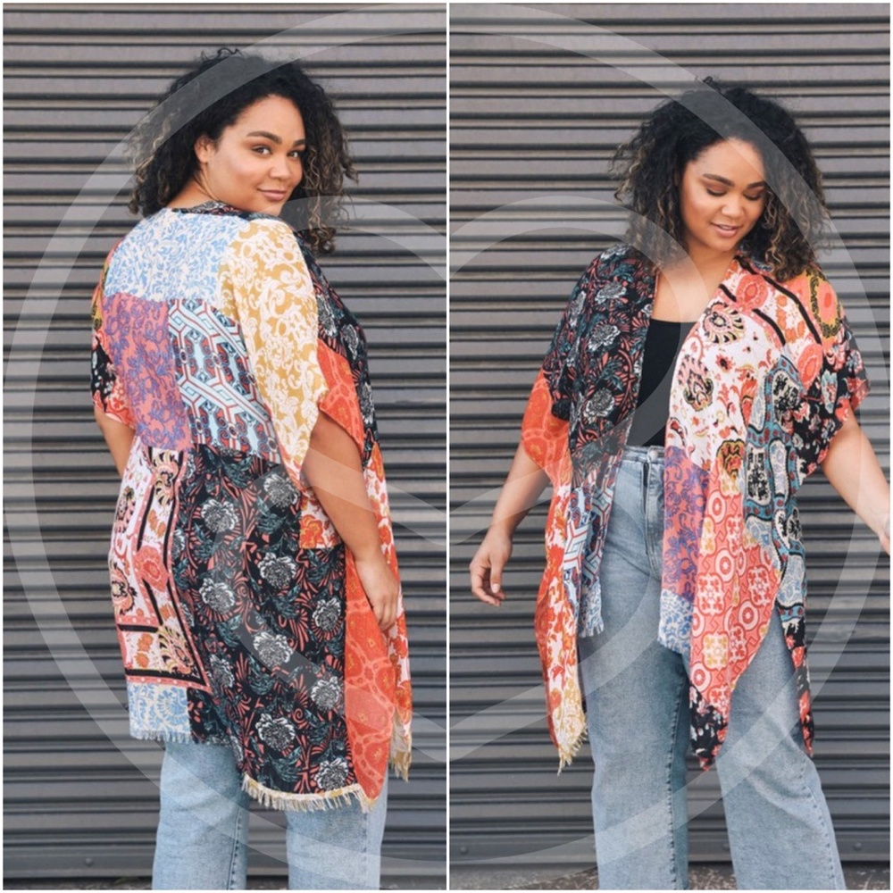 Boho Colorful Floral Patchwork Open Front Cover up Kimono - Picture 4 of 8